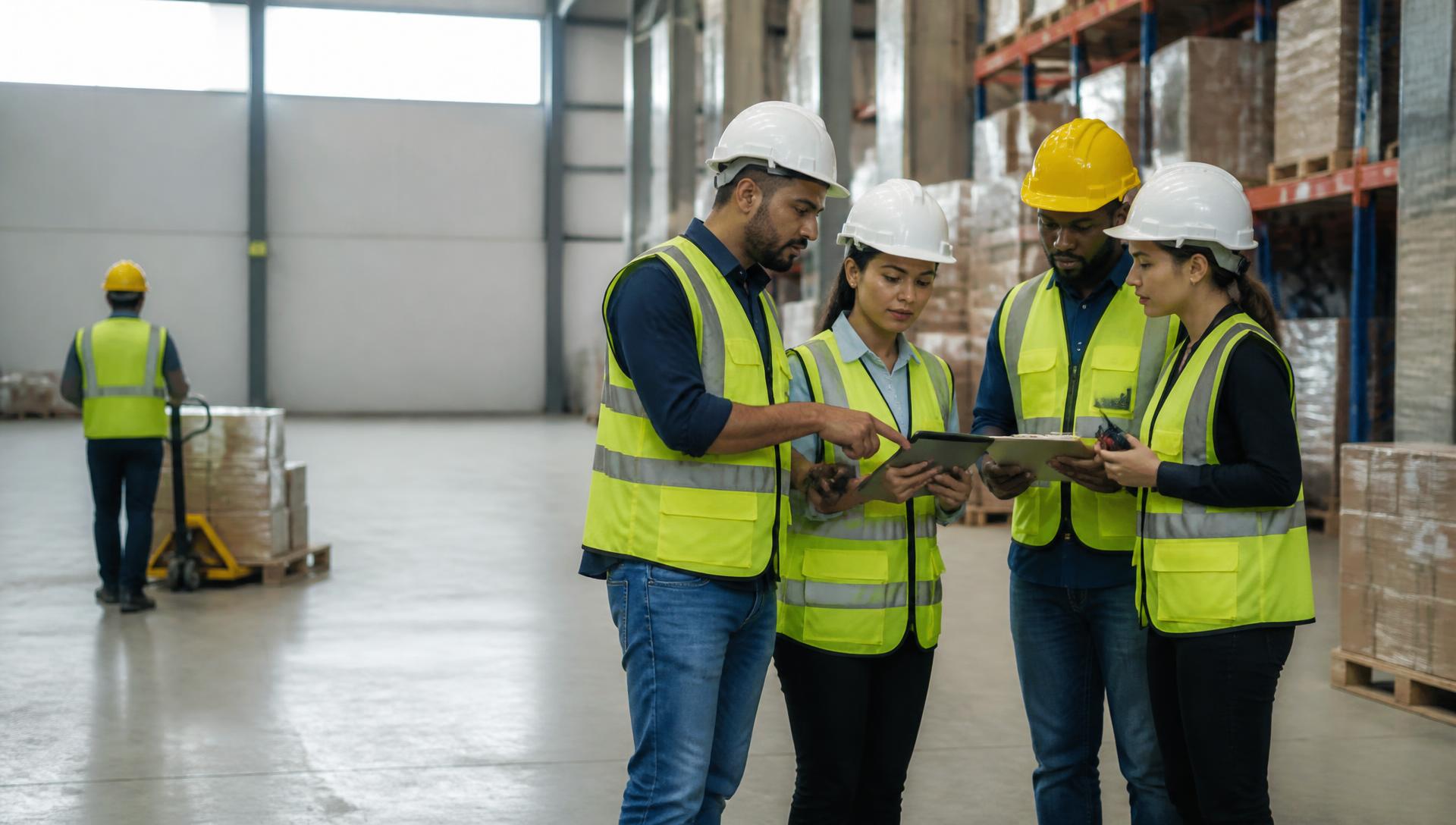 JRMG Solutions crew coordinating a facility logistics project in a warehouse
